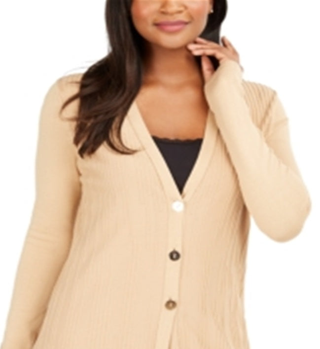 Cardigan Duster com botões frontais e nervuras JM Collection, marrom, tamanho XS