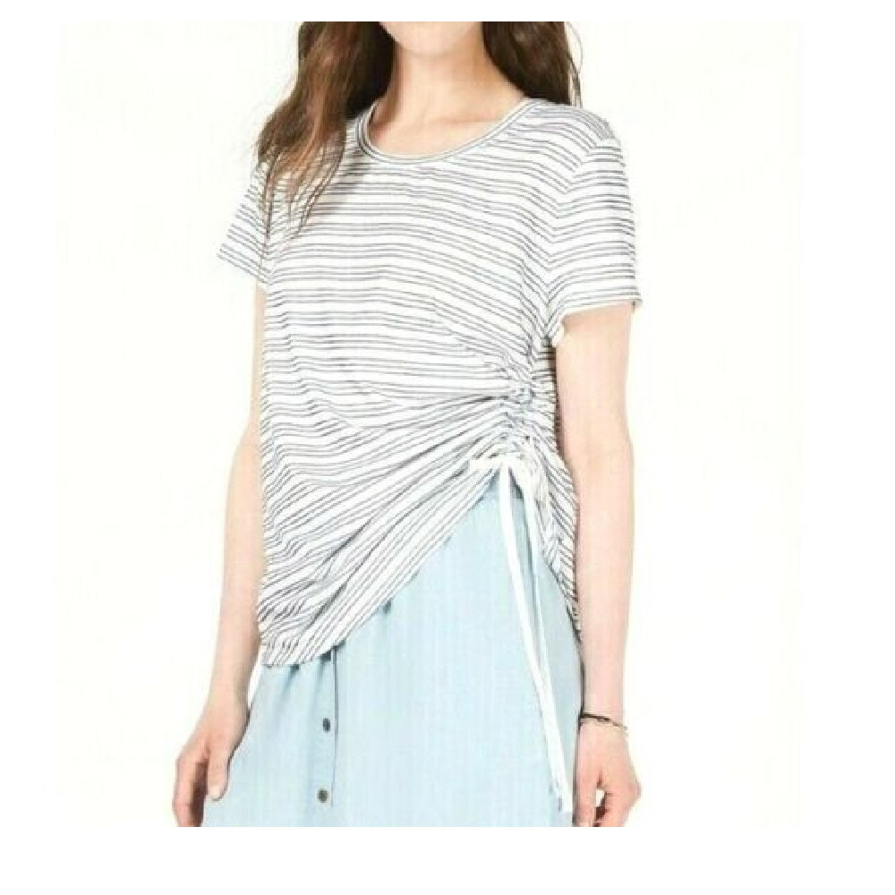 Blusa listrada com franzidos laterais estilo &amp; co feminina, azul, marrom, tamanho pequeno