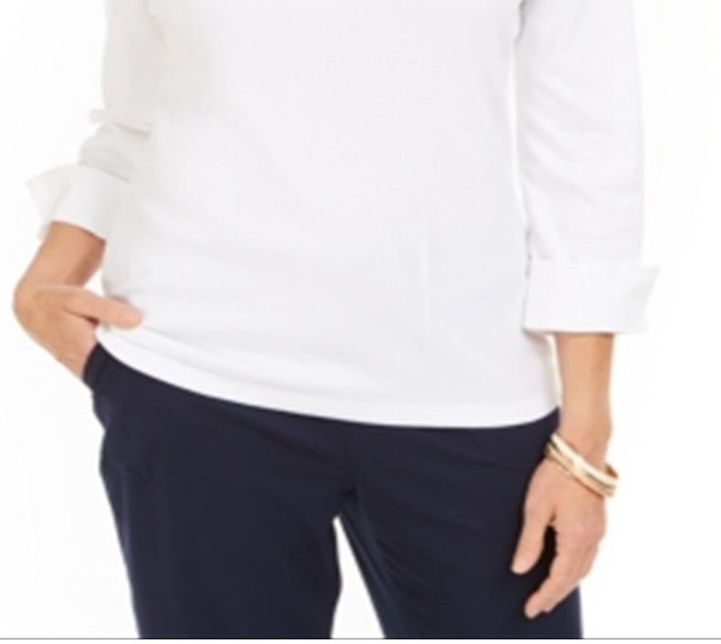 Karen Scott Blusa feminina com decote dividido e gola alta, branca, tamanho pequeno G