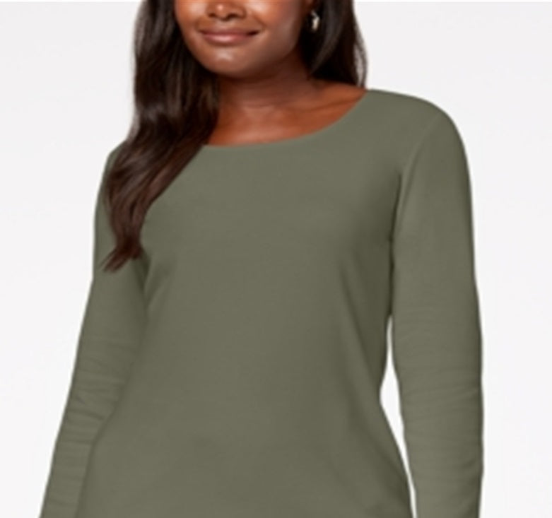 Karen Scott Blusa Feminina de Algodão com Decote Redondo Verde Tamanho Pequeno Médio