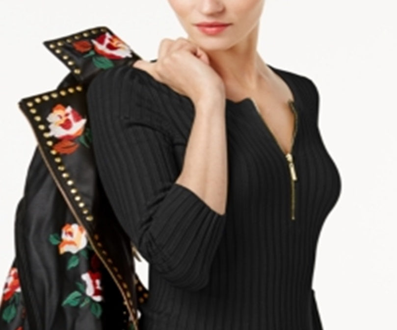 Suéter feminino com zíper frontal da INC International Concepts, preto, tamanho G