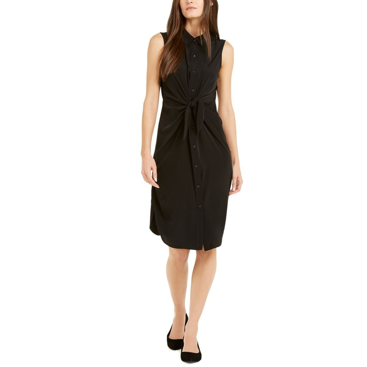 Vestido-camisa sem mangas Alfani feminino com amarração frontal, preto profundo, tamanho 16