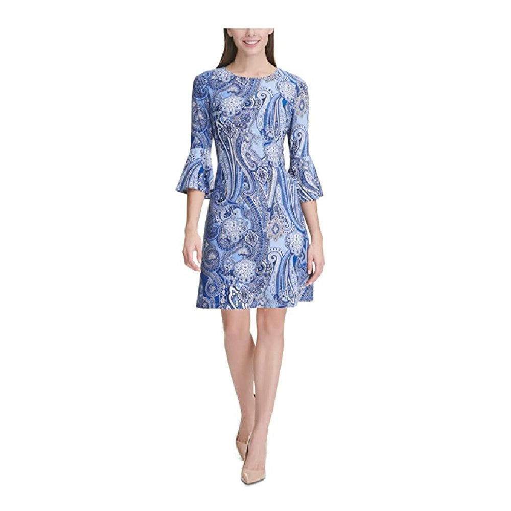 Vestido feminino Tommy Hilfiger com manga sino, decote em joia, comprimento até o joelho, azul paisley, tamanho 18W