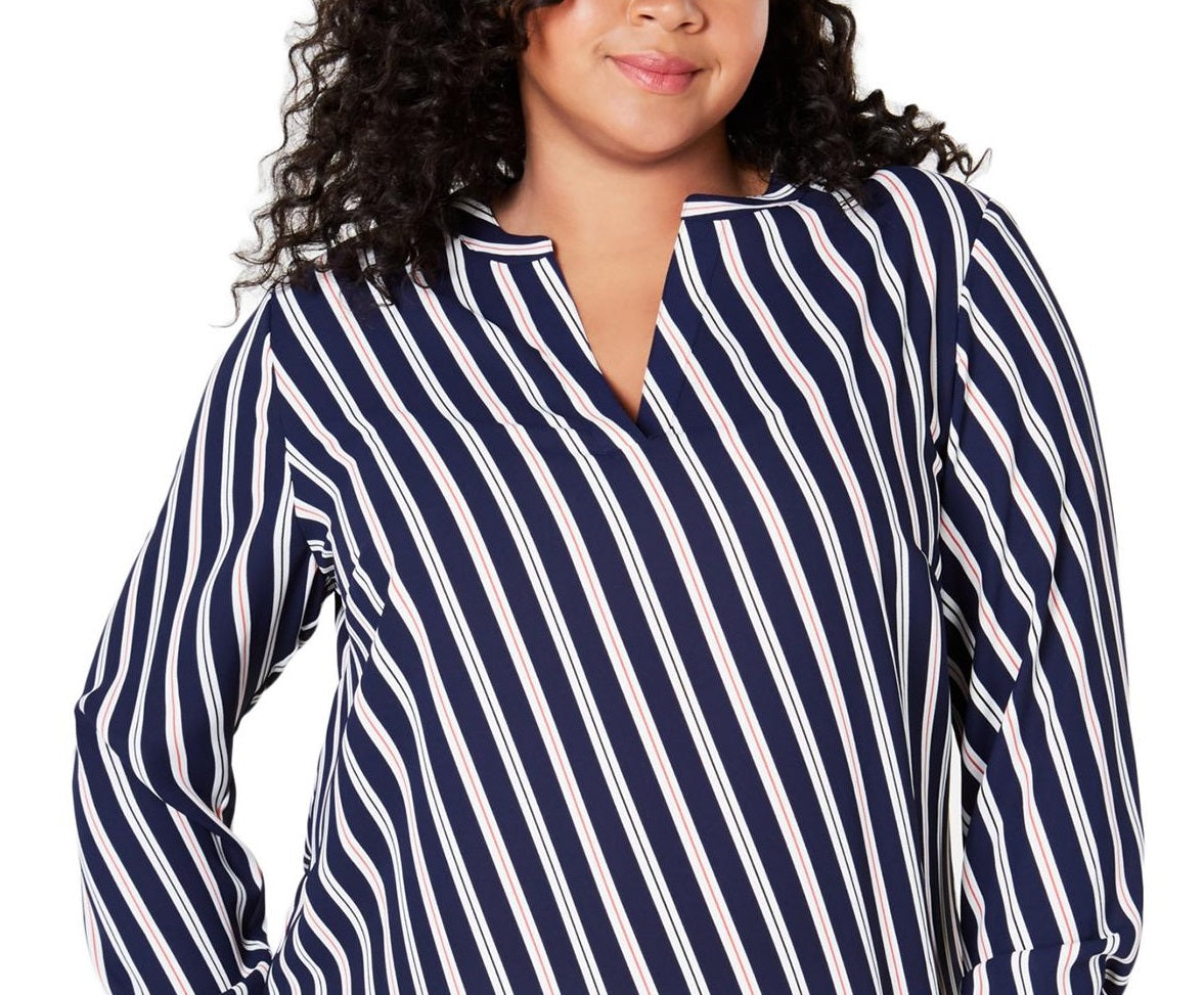 Blusa feminina listrada de manga comprida e decote em V Anne Klein, azul, tamanho 1X
