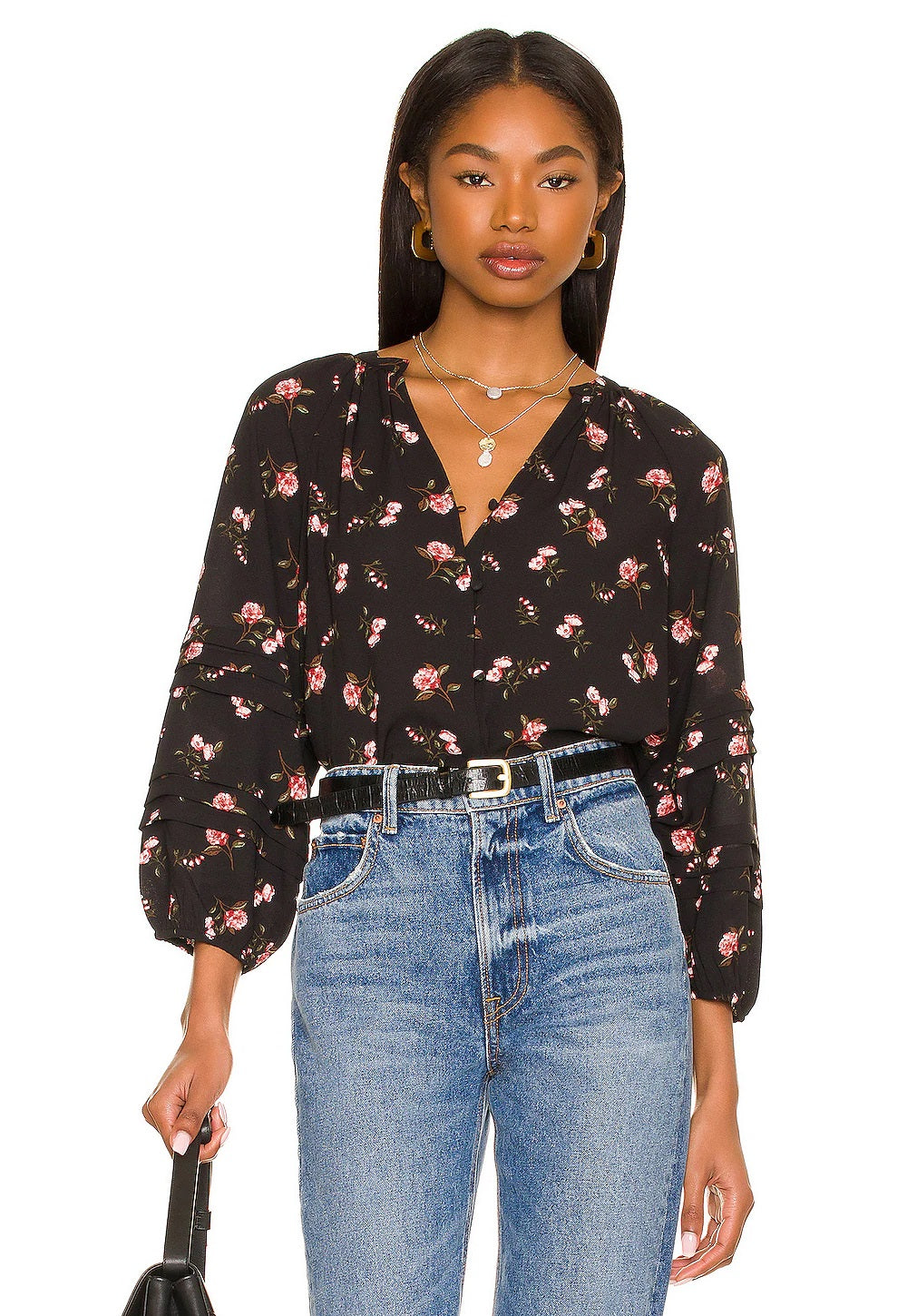 1.STATE Camisa feminina floral com botões, preta, tamanho 1X