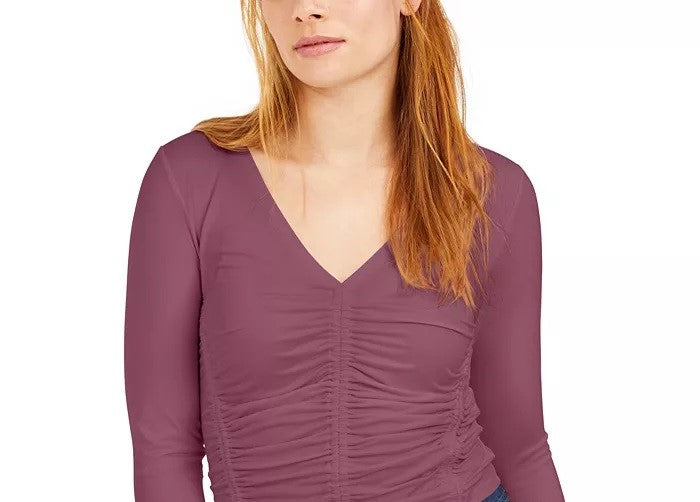 Blusa feminina Bar III com decote em V e franzido frontal, roxa, tamanho GG