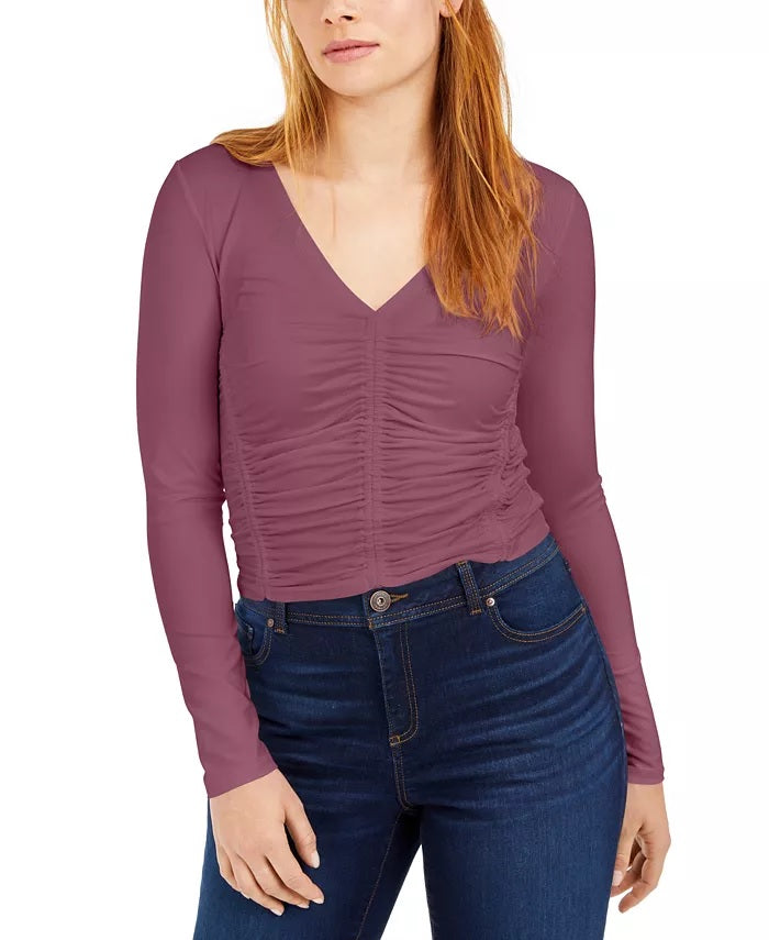 Blusa feminina Bar III com decote em V e franzido frontal, roxa, tamanho GG
