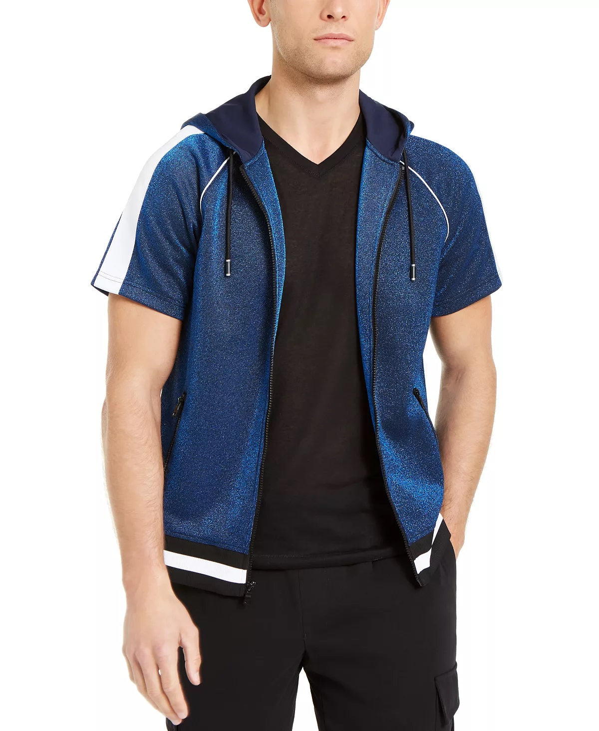 INC Moletom com capuz masculino de manga curta com brilho, azul marinho básico, tamanho XXL