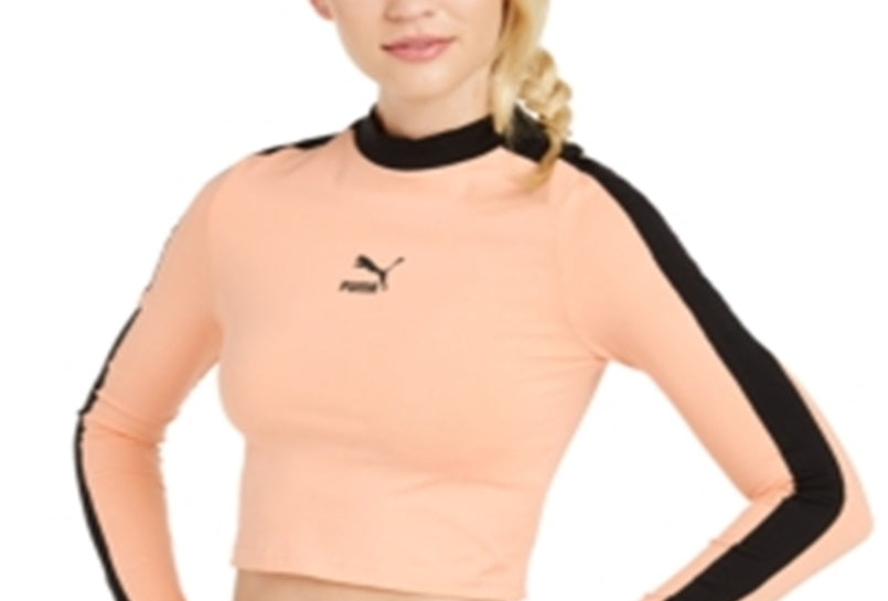 Camiseta feminina Puma Parfait Side Stripe Logo Cropped Manga Longa Laranja Tamanho X-G