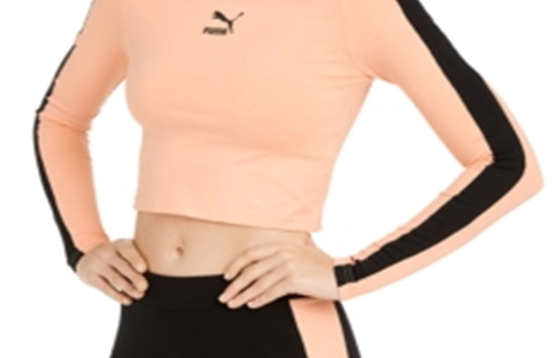 Camiseta feminina Puma Parfait Side Stripe Logo Cropped Manga Longa Laranja Tamanho X-G