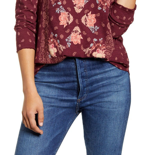 Camiseta feminina de manga comprida estampada Lucky Brand, vermelha, tamanho X-G