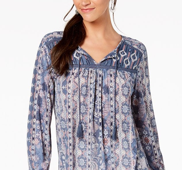 Blusa feminina estilo camponesa com estampa mista azul tamanho pequeno P