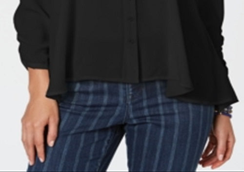 Blusa feminina com babados, manga comprida e decote redondo, preta, tamanho extrapequeno