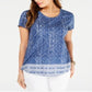 Blusa feminina de algodão com decote redondo e estampa estilo &amp; co, azul, tamanho extrapequeno