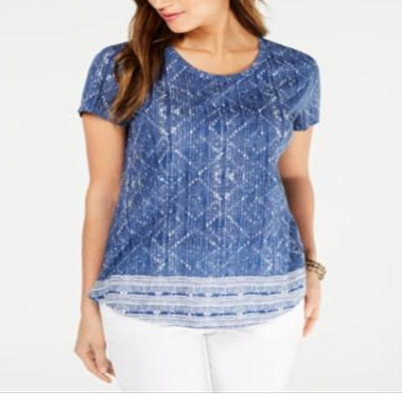 Blusa feminina de algodão com decote redondo e estampa estilo &amp; co, azul, tamanho extrapequeno