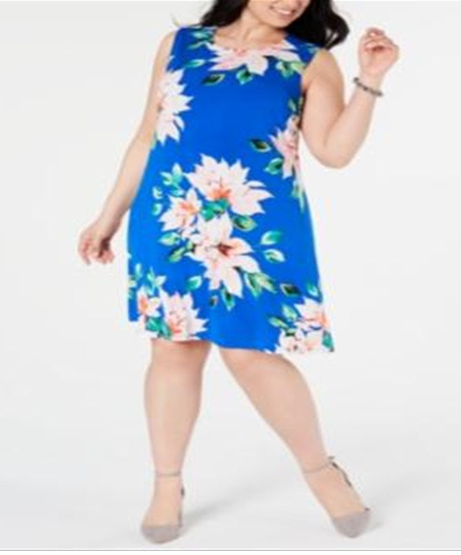 Vestido feminino Jessica Howard com decote em v, sem mangas, floral, comprimento até o joelho, azul, tamanho 16W