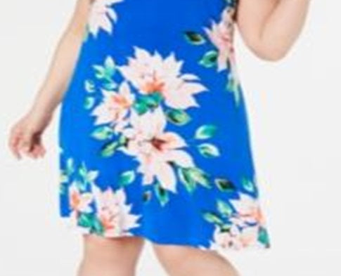 Vestido feminino Jessica Howard com decote em v, sem mangas, floral, comprimento até o joelho, azul, tamanho 16W