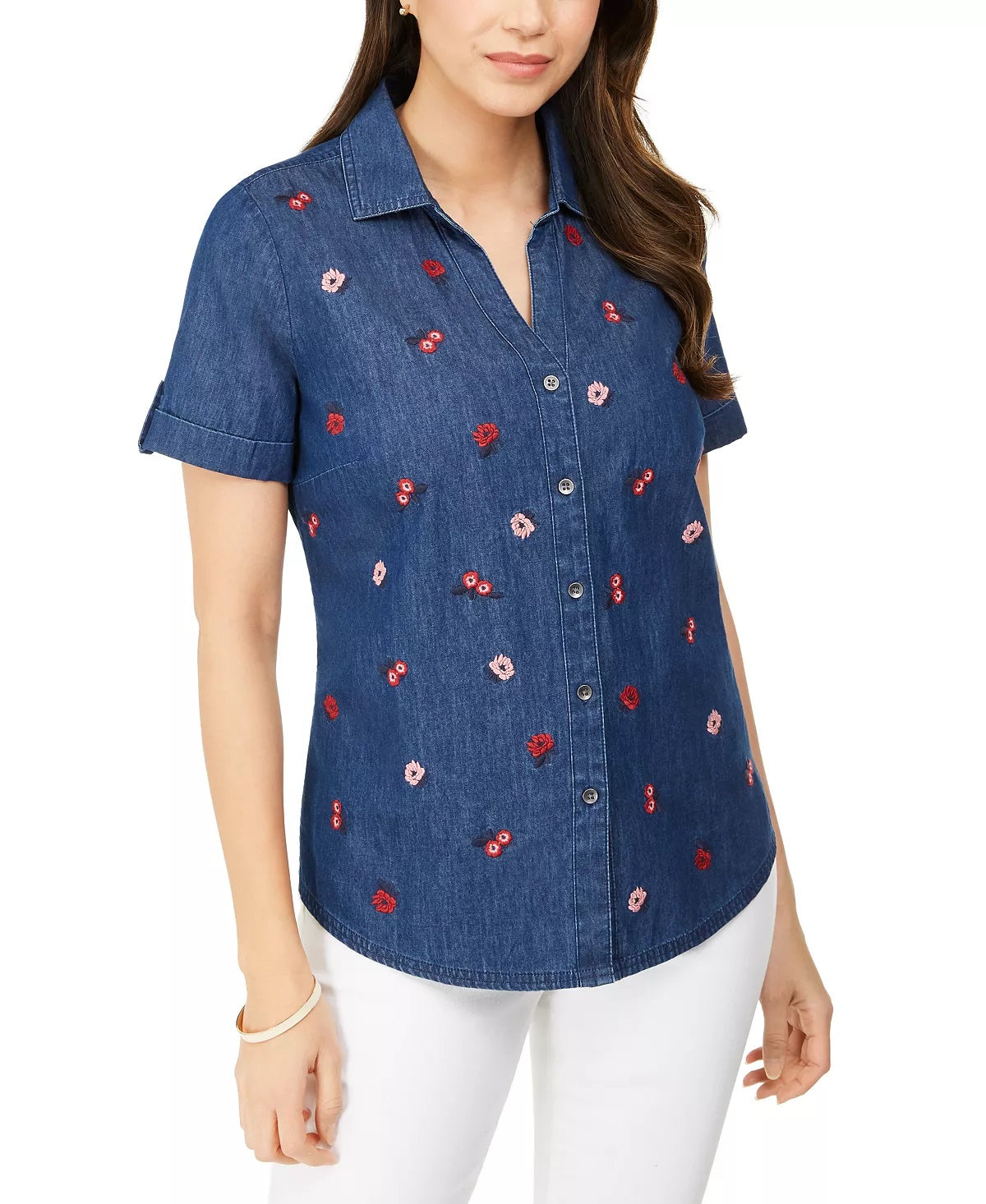 Blusa feminina Karen Scott com botões bordados, azul, tamanho pequeno
