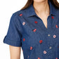 Blusa feminina Karen Scott com botões bordados, azul, tamanho pequeno
