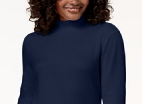 Karen Scott Blusa de algodão com gola alta e manga comprida feminina, azul, tamanho pequeno