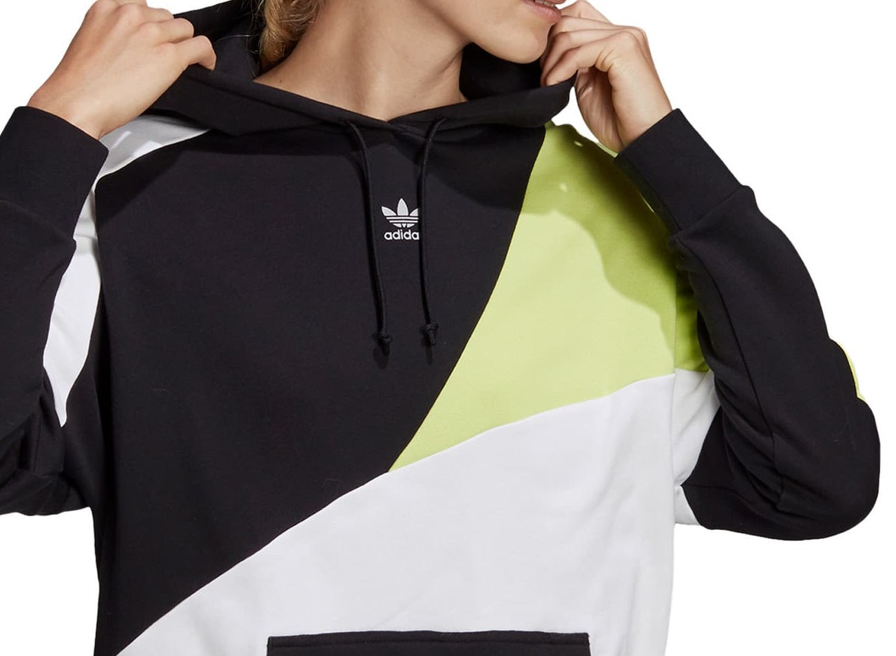 Moletom com capuz Adidas feminino de algodão com blocos de cores, preto, tamanho X-S