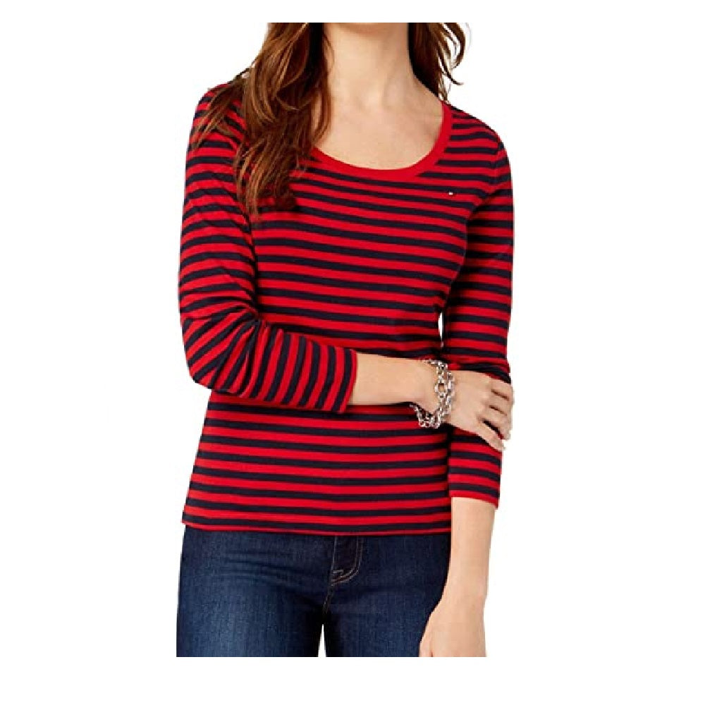 Camiseta feminina listrada com logotipo da bandeira Tommy Hilfiger, vermelha, tamanho pequeno