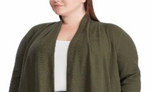 Cardigan de malha waffle de algodão plus size Ralph Lauren feminino, verde, tamanho 2X