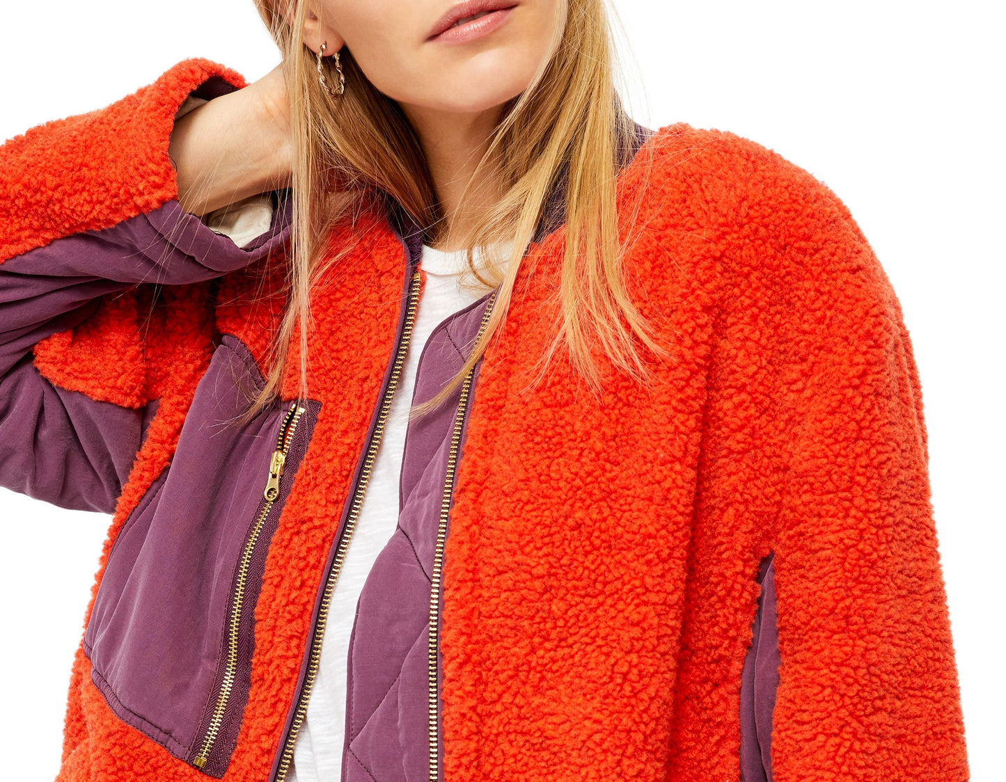 Jaqueta feminina Rivington Sherpa Shearling Colorblock, vermelha, tamanho grande