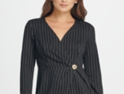Vestido feminino DKNY com listras de strass e manga comprida, decote em V acima do joelho, para usar no trabalho, preto, tamanho 10