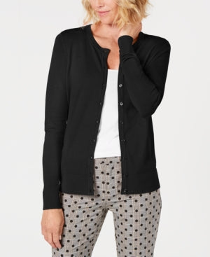 Cardigan feminino Charter Club Petite com gola redonda, preto, tamanho pequeno e pequeno