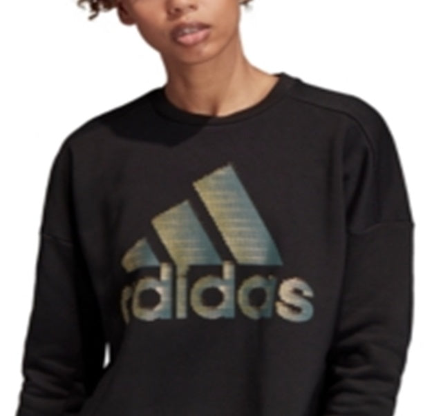 Suéter feminino Adidas com estampa de manga comprida e gola redonda, preto, tamanho XX-S