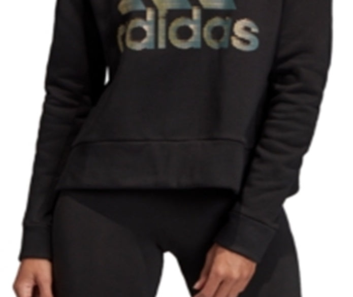 Suéter feminino Adidas com estampa de manga comprida e gola redonda, preto, tamanho XX-S