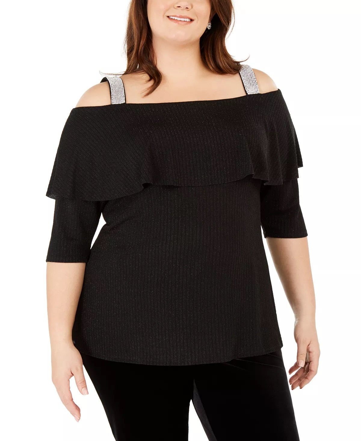 Belldini Plus Size Feminino Metálico Strass Preto Tamanho 2X