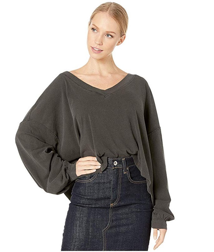 Blusa feminina Free People com manga longa e decote em V, cinza, tamanho pequeno