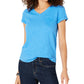 Camiseta feminina com decote em V e bolso, estilo &amp; co, azul, tamanho pequeno P