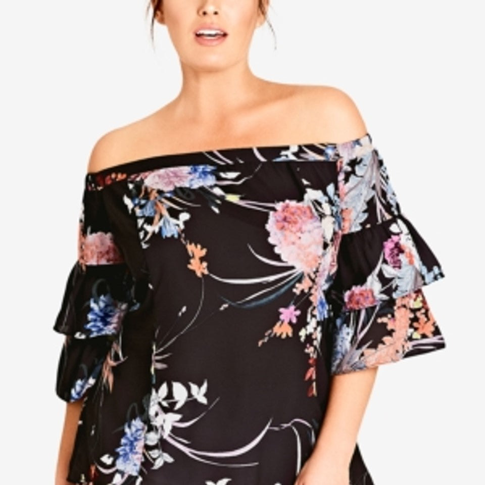 Blusa feminina City Chic Plus Floral Flourish ombro a ombro preta tamanho 24W