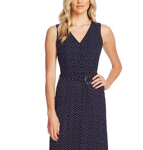 Vestido feminino Vince Camuto estampado sem mangas com cinto, azul, tamanho 10