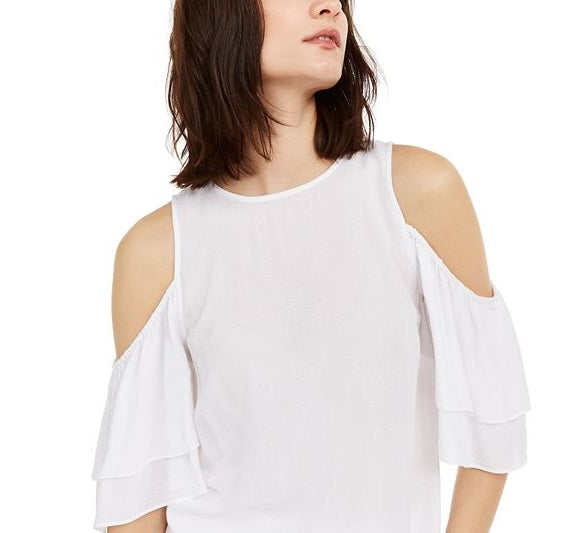 Blusa feminina Michael Kors com manga bufante e ombro vazado, branca, tamanho M