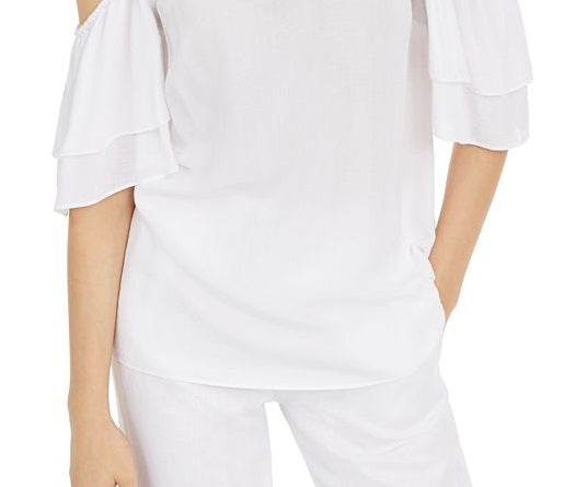 Blusa feminina Michael Kors com manga bufante e ombro vazado, branca, tamanho M