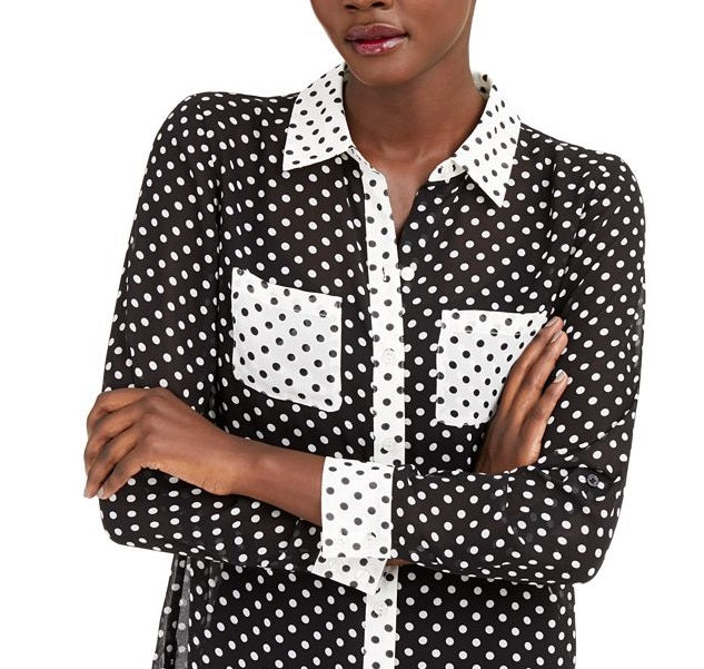 Blusa feminina INC com botões e estampa de bolinhas, preta, tamanho grande