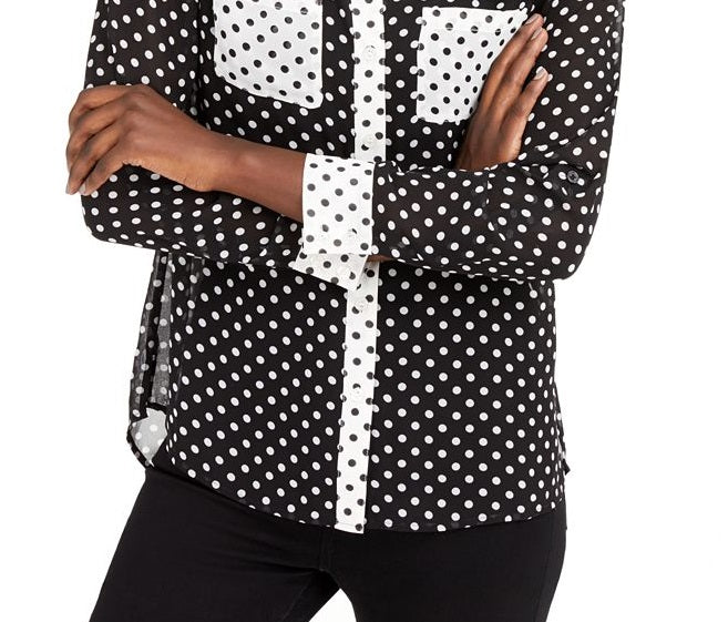 Blusa feminina INC com botões e estampa de bolinhas, preta, tamanho grande