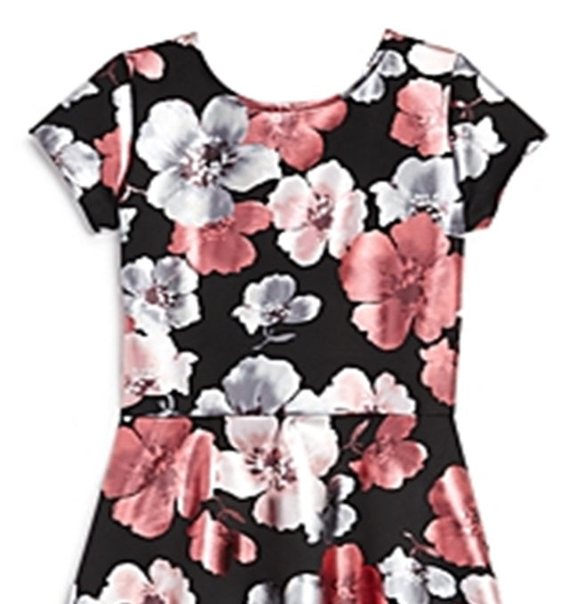 Vestido estampado floral metálico Aqua para meninas, tamanho grande, preto, pequeno
