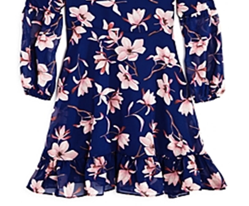 Vestido floral feminino Us Angels com mangas curtas, azul, tamanho 16