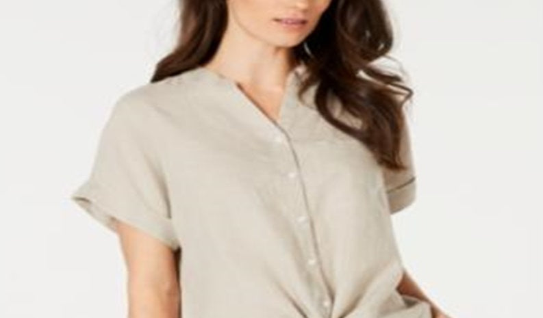 Camisa feminina Charter Club de linho com amarração frontal, marrom, tamanho GG
