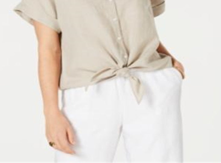Camisa feminina Charter Club de linho com amarração frontal, marrom, tamanho GG
