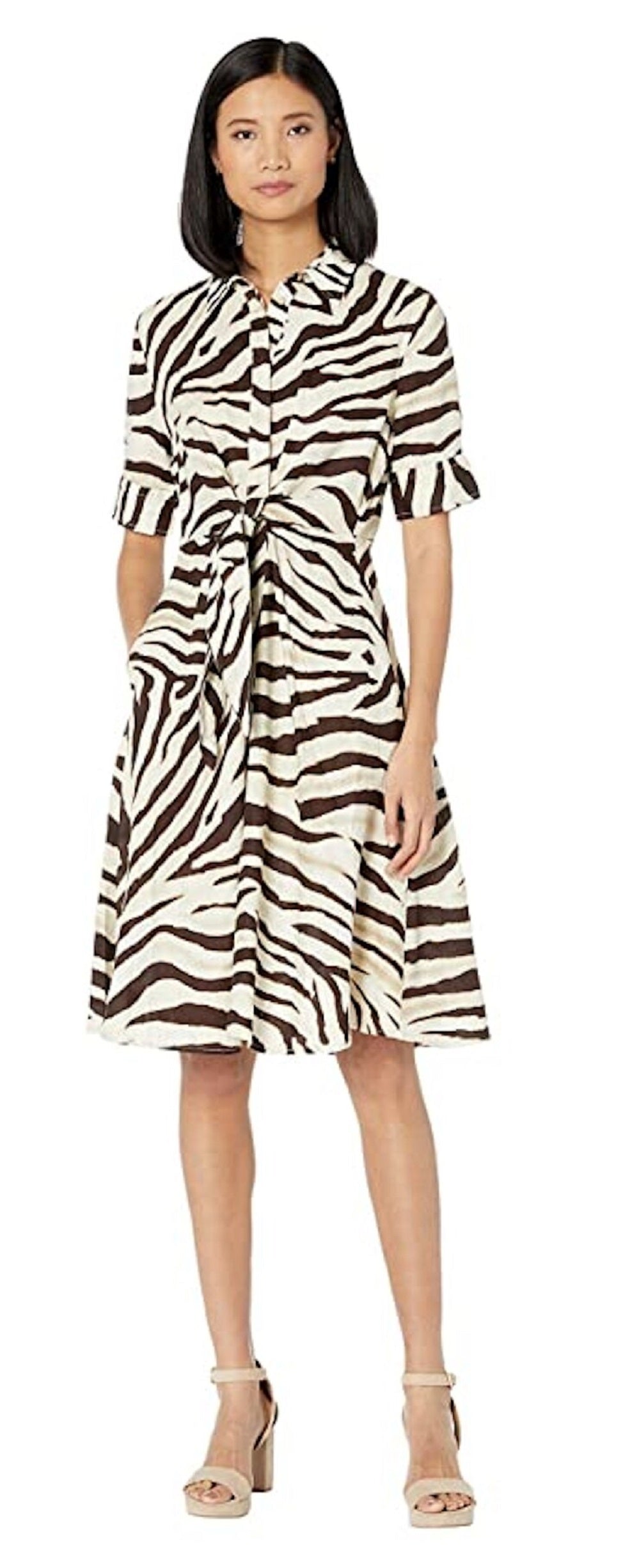 Vestido feminino Ralph Lauren com estampa animal e cintura amarrada, manga curta, decote em V, comprimento até o joelho, marrom, tamanho 16