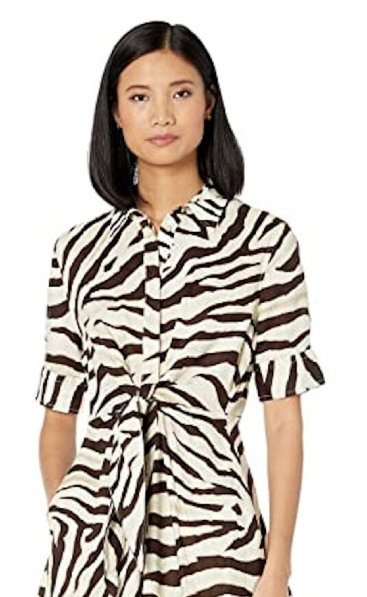Vestido feminino Ralph Lauren com estampa animal e cintura amarrada, manga curta, decote em V, comprimento até o joelho, marrom, tamanho 16