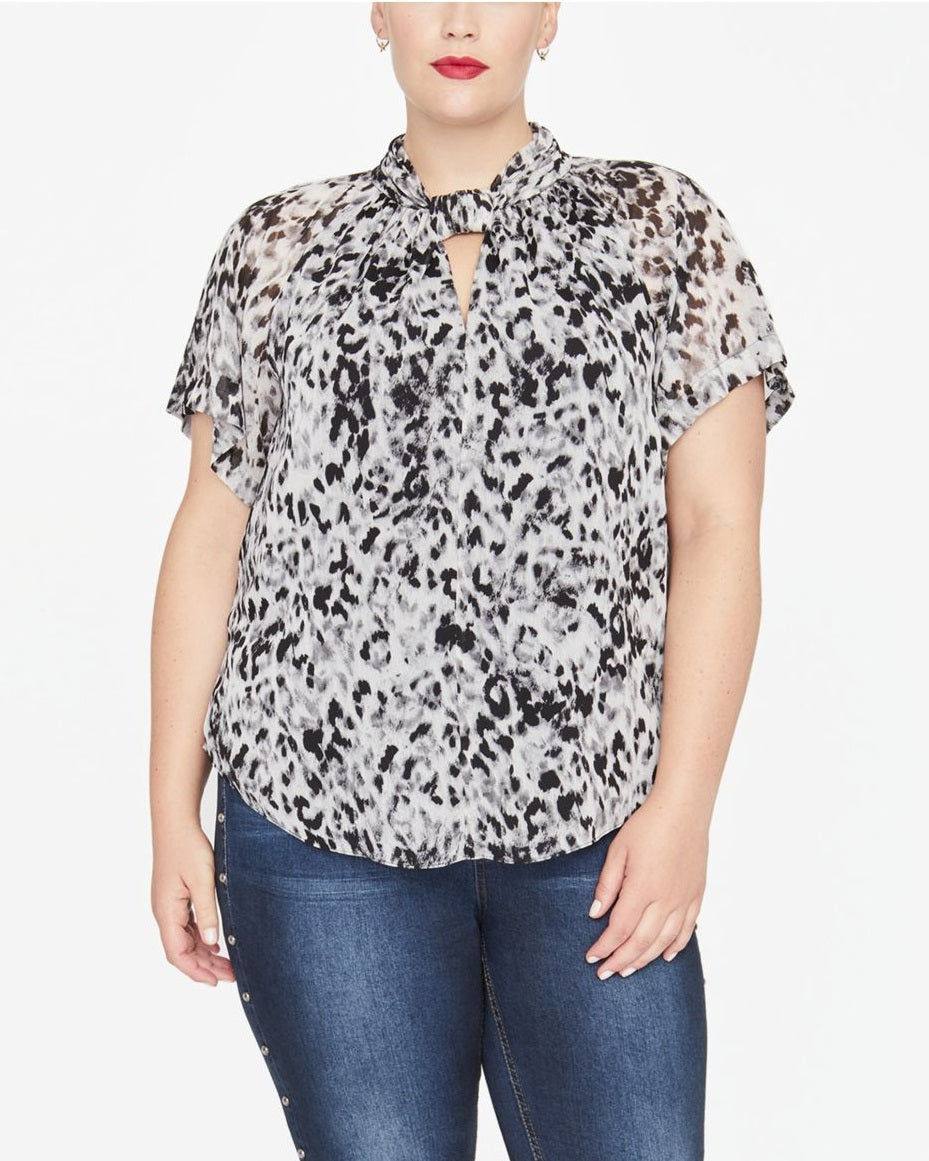 Blusa feminina Rachel Roy estampada com decote em V e manga curta, plus size 1X, branca