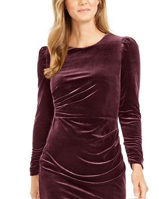 Vestido de festa Calvin Klein feminino, manga longa, gola alta, comprimento até o joelho, roxo, tamanho 6