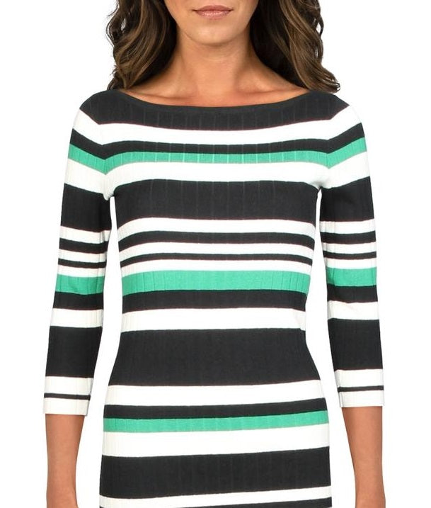 Vestido Ralph Lauren Feminino Listrado Manga 3/4 Decote Canoa Abaixo do Joelho Bodycon Verde Tamanho Grande
